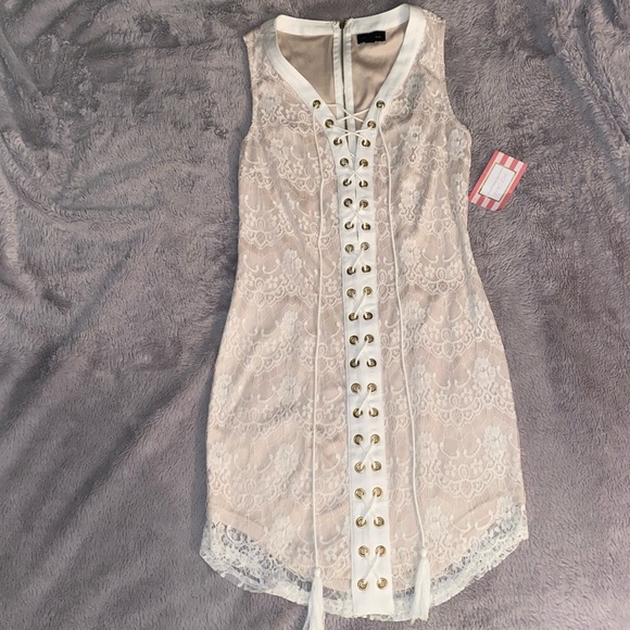 White Lace, Lace-up Front Mini Dress - Picture 1 of 1